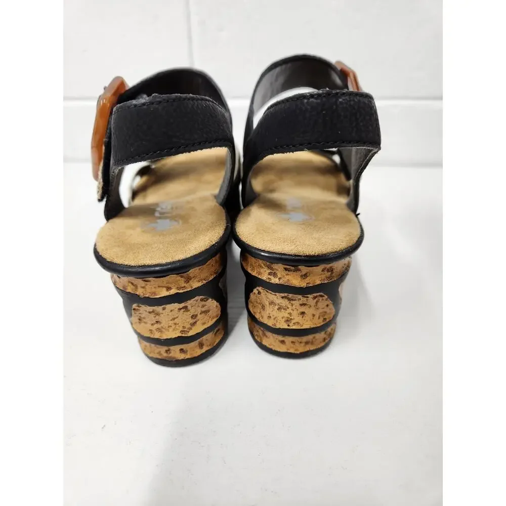 Rieker Women's 68176 Rose Wedge Sandals, Size 38 (7-7.5) In Ginger/Schwarz/Gold